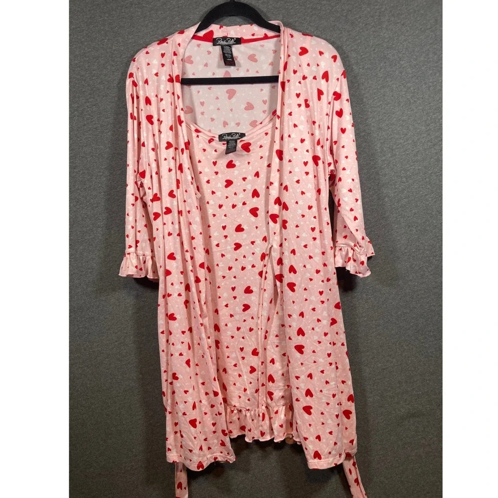 Rene Rofe Womens Pink Heart Print 2pc Chemise and Robe Set Large 517817